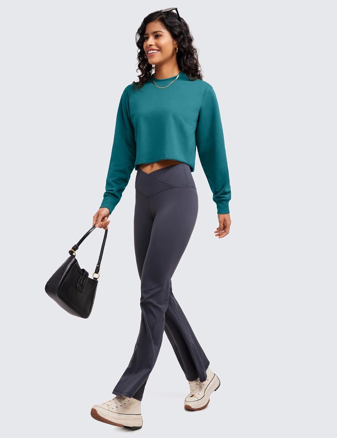 imageCRZ YOGA Womens Fleece Cropped Sweatshirts Crewneck Long Sleeve Double Raw Hem Workout Casual Pullover TopsGreen Jade