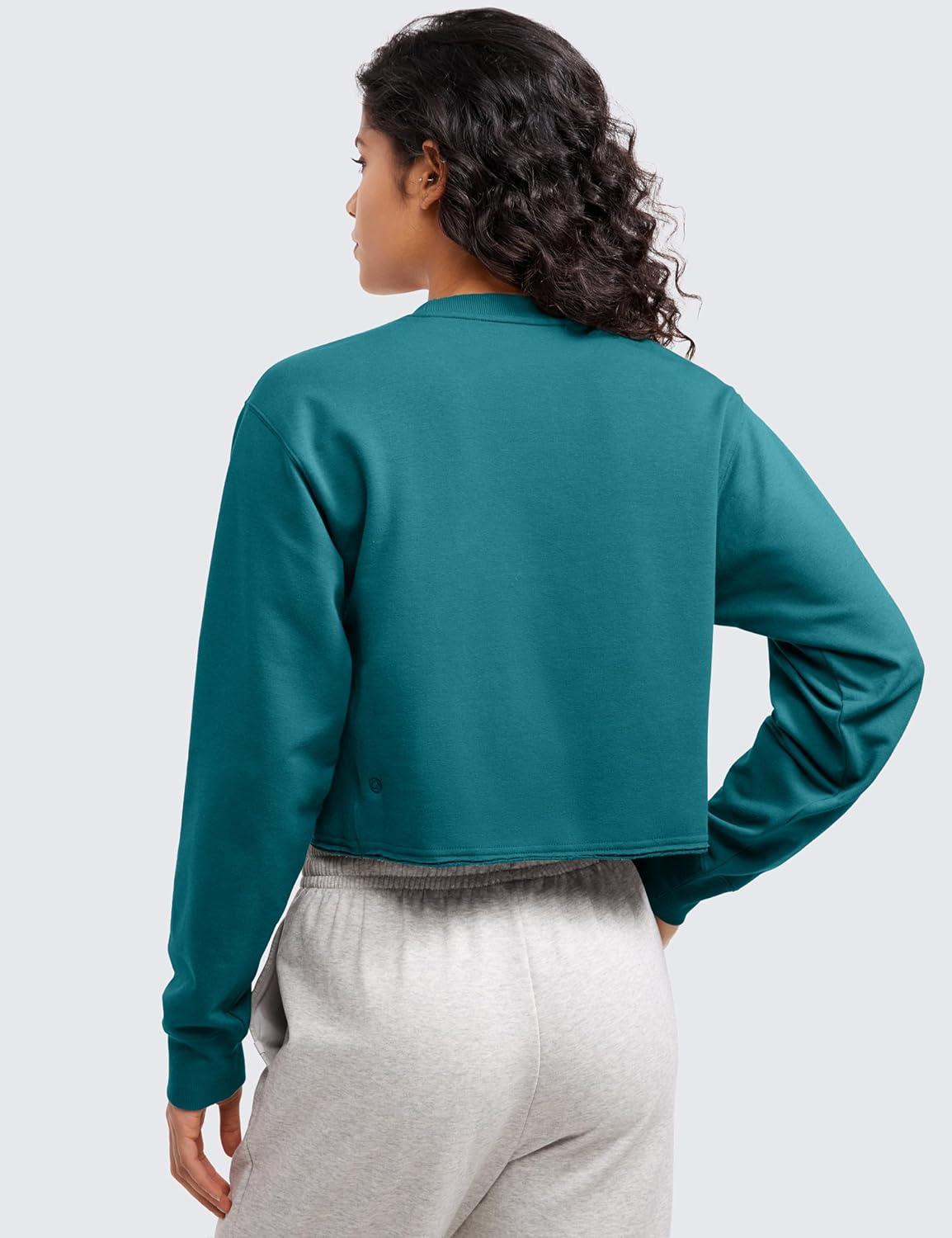 imageCRZ YOGA Womens Fleece Cropped Sweatshirts Crewneck Long Sleeve Double Raw Hem Workout Casual Pullover TopsGreen Jade