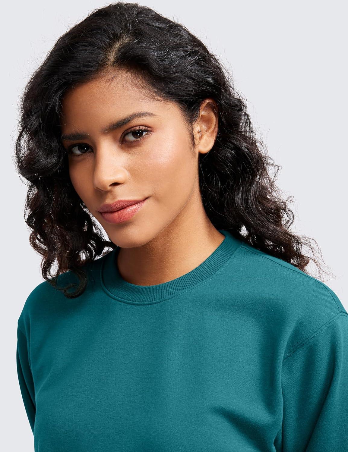imageCRZ YOGA Womens Fleece Cropped Sweatshirts Crewneck Long Sleeve Double Raw Hem Workout Casual Pullover TopsGreen Jade