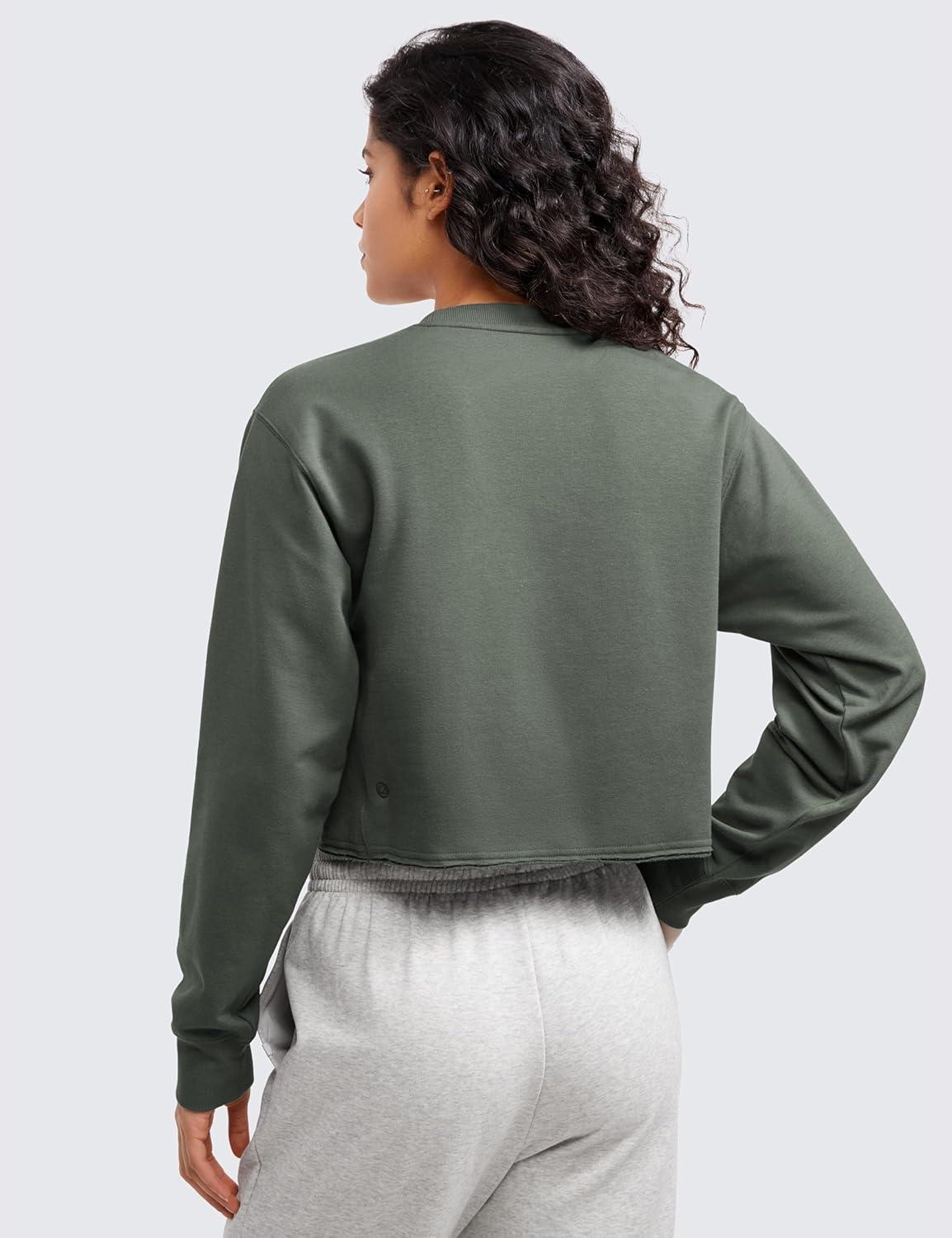 imageCRZ YOGA Womens Fleece Cropped Sweatshirts Crewneck Long Sleeve Double Raw Hem Workout Casual Pullover TopsGrey Sage