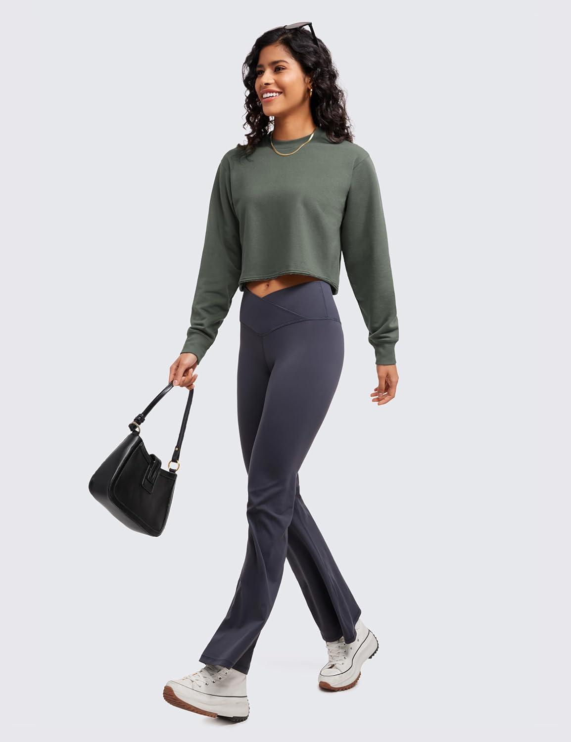 imageCRZ YOGA Womens Fleece Cropped Sweatshirts Crewneck Long Sleeve Double Raw Hem Workout Casual Pullover TopsGrey Sage