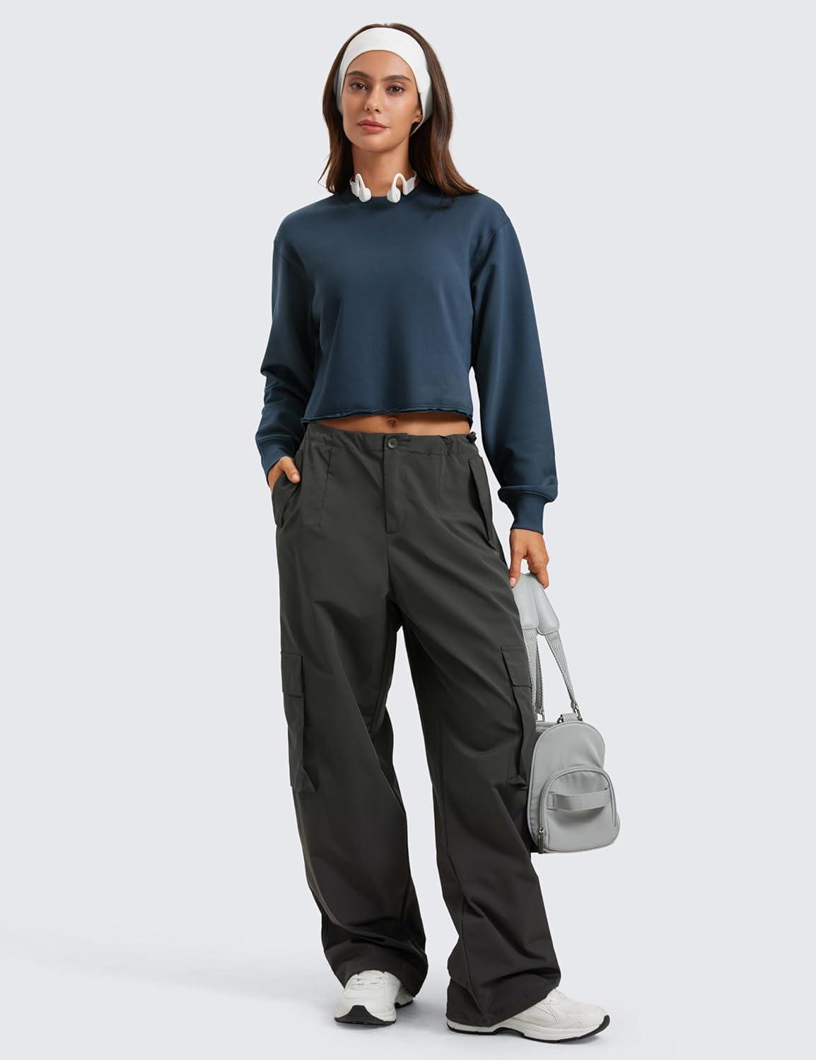 imageCRZ YOGA Womens Fleece Cropped Sweatshirts Crewneck Long Sleeve Double Raw Hem Workout Casual Pullover TopsInk Blue