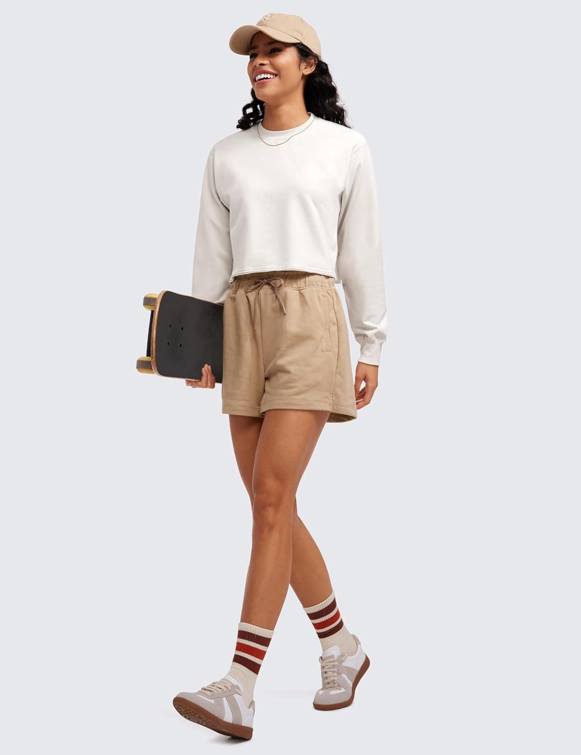 imageCRZ YOGA Womens Fleece Cropped Sweatshirts Crewneck Long Sleeve Double Raw Hem Workout Casual Pullover TopsMilky White Bone