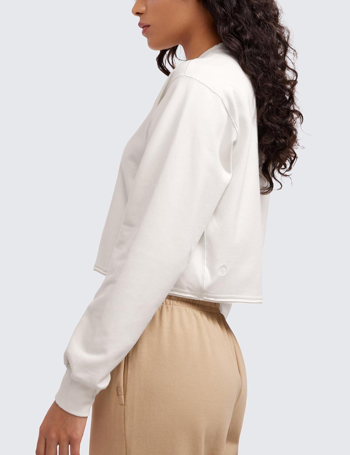 imageCRZ YOGA Womens Fleece Cropped Sweatshirts Crewneck Long Sleeve Double Raw Hem Workout Casual Pullover TopsMilky White Bone