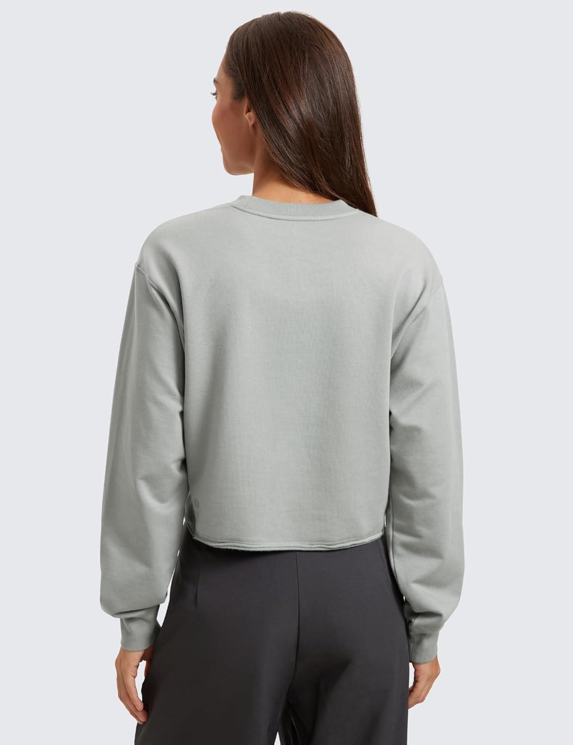 imageCRZ YOGA Womens Fleece Cropped Sweatshirts Crewneck Long Sleeve Double Raw Hem Workout Casual Pullover TopsSterling