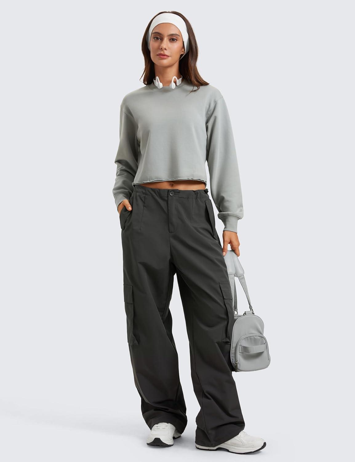 imageCRZ YOGA Womens Fleece Cropped Sweatshirts Crewneck Long Sleeve Double Raw Hem Workout Casual Pullover TopsSterling