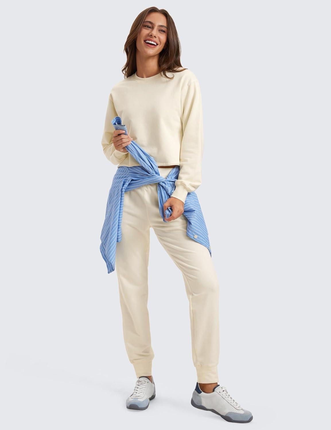 imageCRZ YOGA Womens Fleece Cropped Sweatshirts Crewneck Long Sleeve Double Raw Hem Workout Casual Pullover TopsWhite Apricot