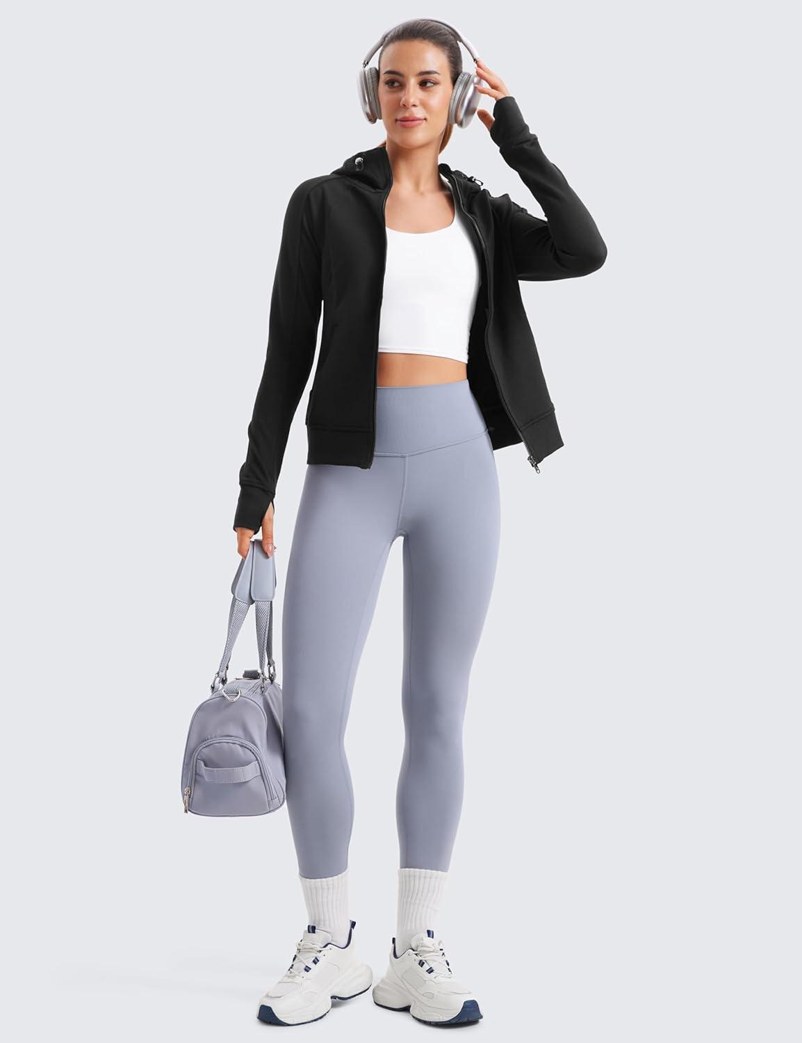 imageCRZ YOGA Womens Fleece Full Zip Hoodie Jackets Workout Hooded Zipper Basic Casual Sweatshirts with Thumb HolesBlack