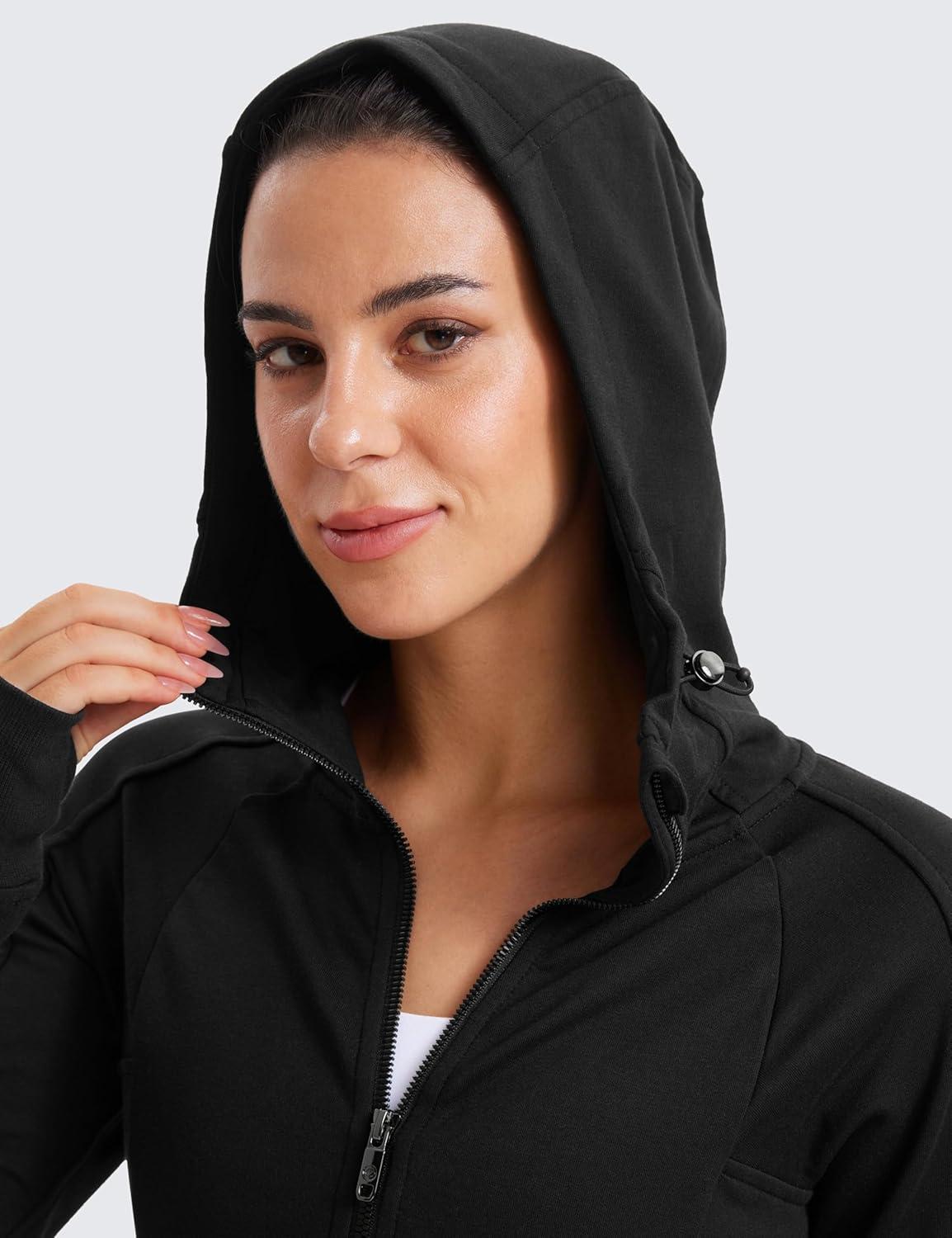 imageCRZ YOGA Womens Fleece Full Zip Hoodie Jackets Workout Hooded Zipper Basic Casual Sweatshirts with Thumb HolesBlack