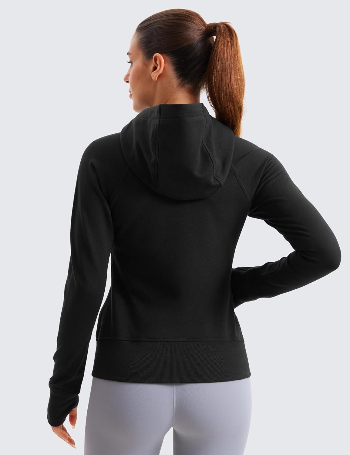 imageCRZ YOGA Womens Fleece Full Zip Hoodie Jackets Workout Hooded Zipper Basic Casual Sweatshirts with Thumb HolesBlack