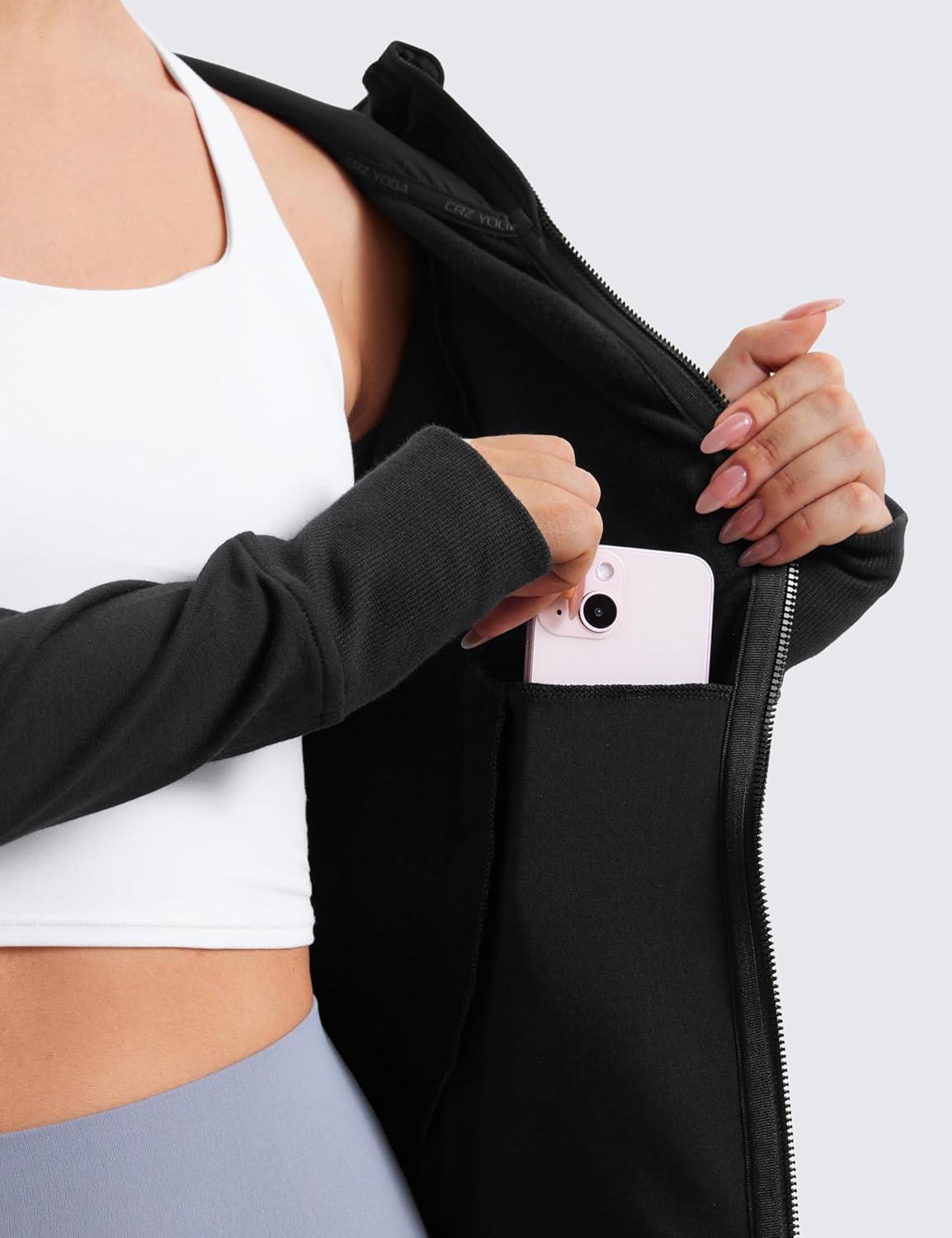 imageCRZ YOGA Womens Fleece Full Zip Hoodie Jackets Workout Hooded Zipper Basic Casual Sweatshirts with Thumb HolesBlack