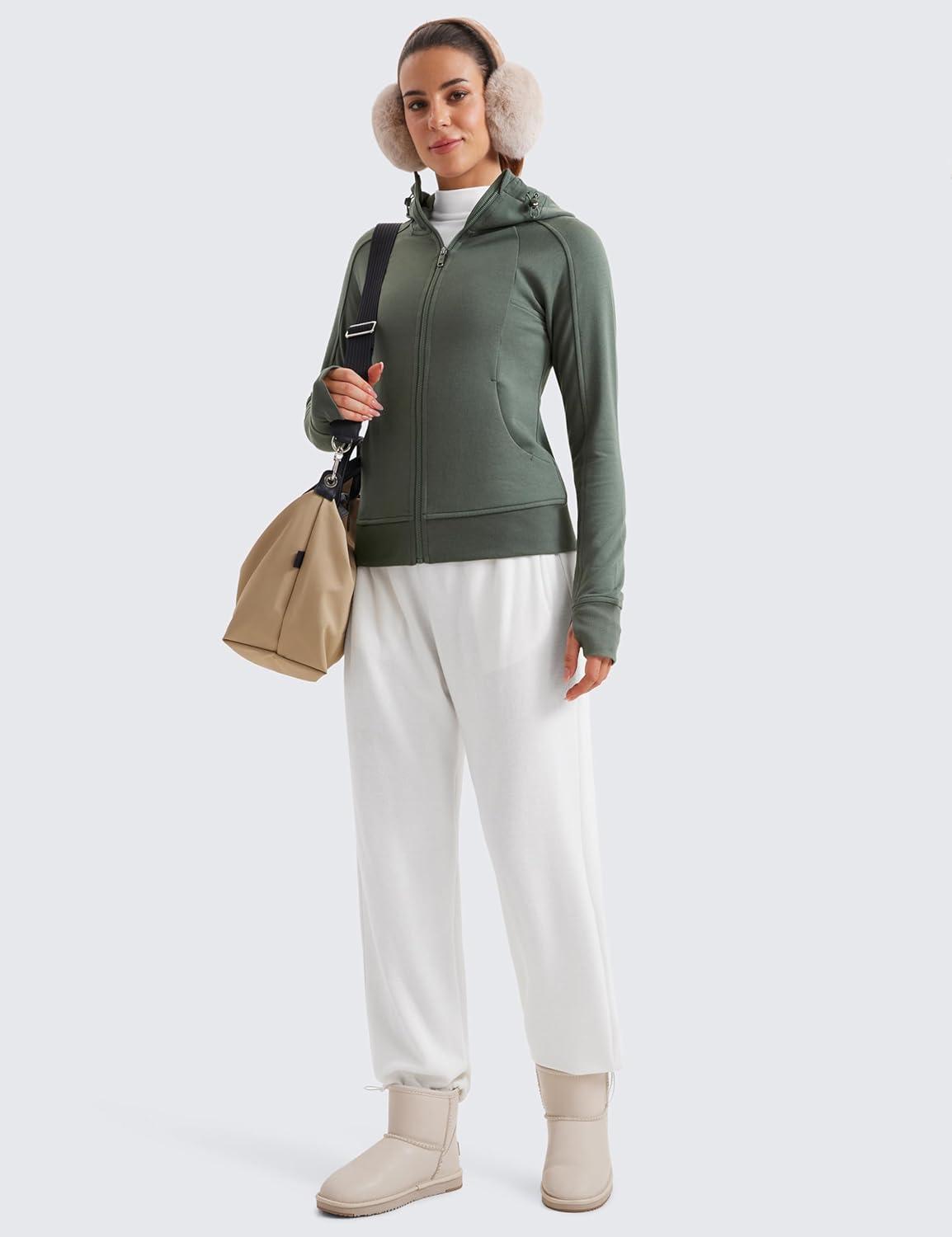 imageCRZ YOGA Womens Fleece Full Zip Hoodie Jackets Workout Hooded Zipper Basic Casual Sweatshirts with Thumb HolesGrey Sage