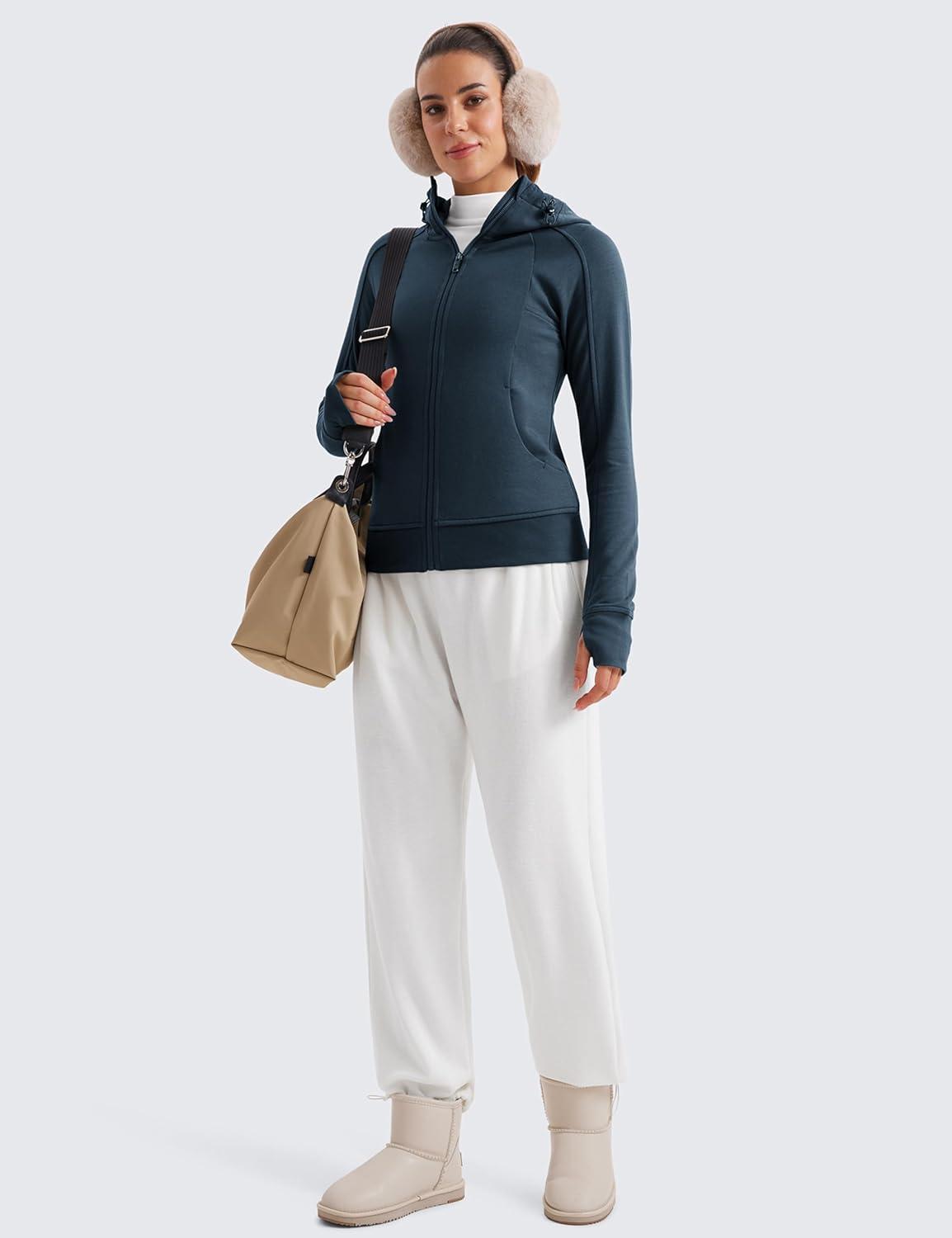 imageCRZ YOGA Womens Fleece Full Zip Hoodie Jackets Workout Hooded Zipper Basic Casual Sweatshirts with Thumb HolesInk Blue