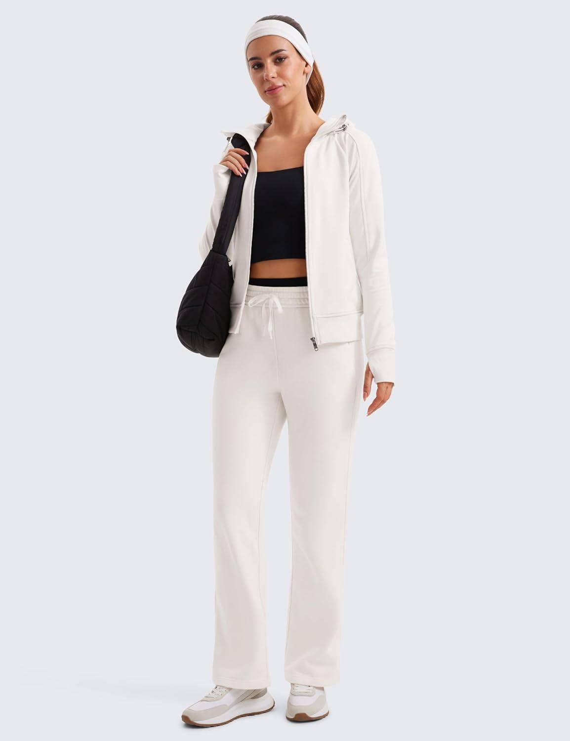 imageCRZ YOGA Womens Fleece Full Zip Hoodie Jackets Workout Hooded Zipper Basic Casual Sweatshirts with Thumb HolesMilky White Bone