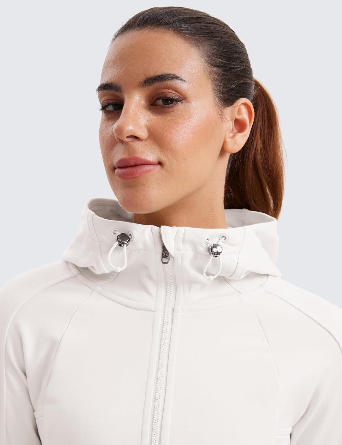 imageCRZ YOGA Womens Fleece Full Zip Hoodie Jackets Workout Hooded Zipper Basic Casual Sweatshirts with Thumb HolesMilky White Bone