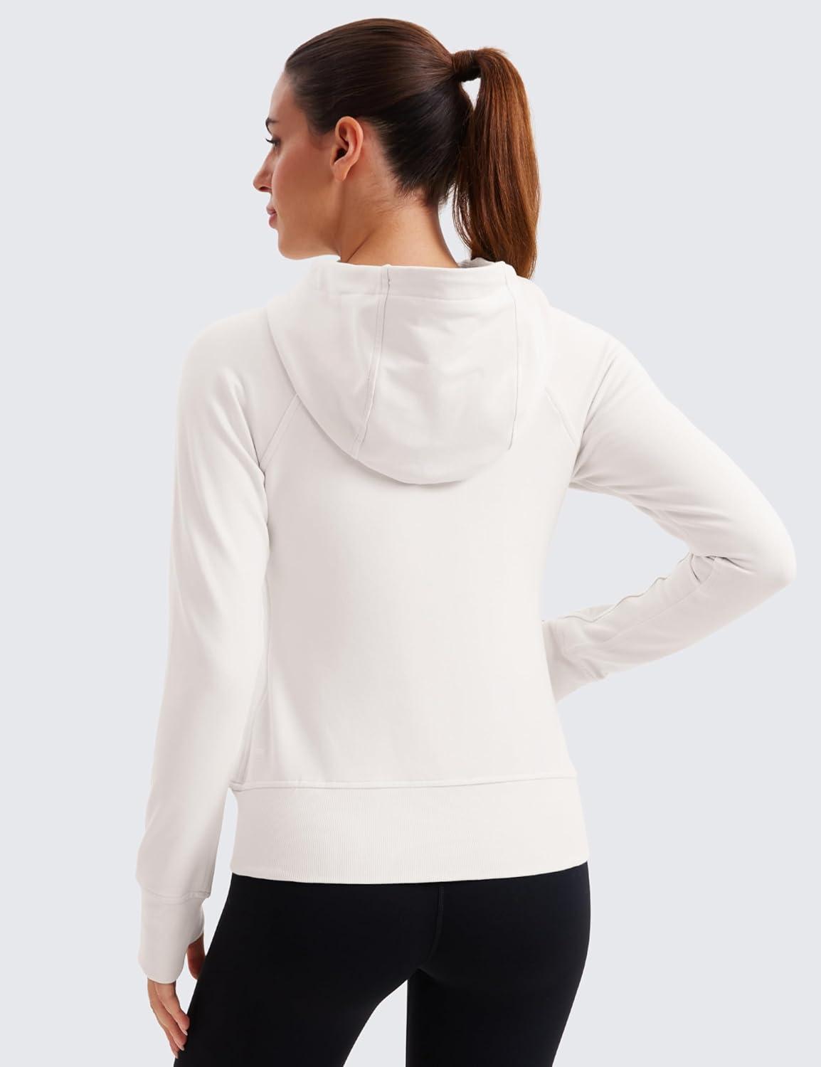 imageCRZ YOGA Womens Fleece Full Zip Hoodie Jackets Workout Hooded Zipper Basic Casual Sweatshirts with Thumb HolesMilky White Bone