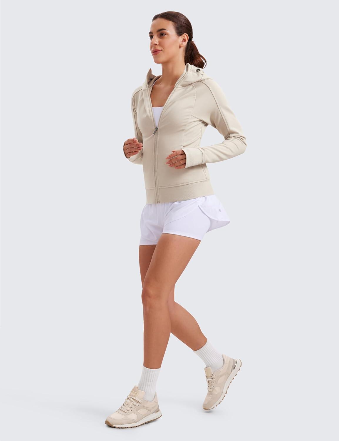 imageCRZ YOGA Womens Fleece Full Zip Hoodie Jackets Workout Hooded Zipper Basic Casual Sweatshirts with Thumb HolesMojave Tan