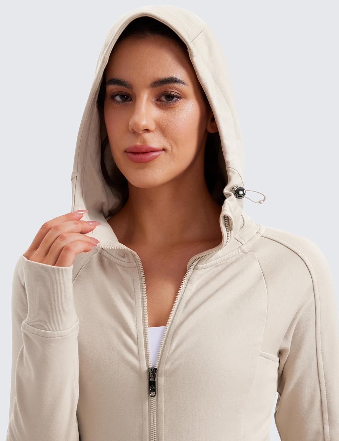 imageCRZ YOGA Womens Fleece Full Zip Hoodie Jackets Workout Hooded Zipper Basic Casual Sweatshirts with Thumb HolesMojave Tan