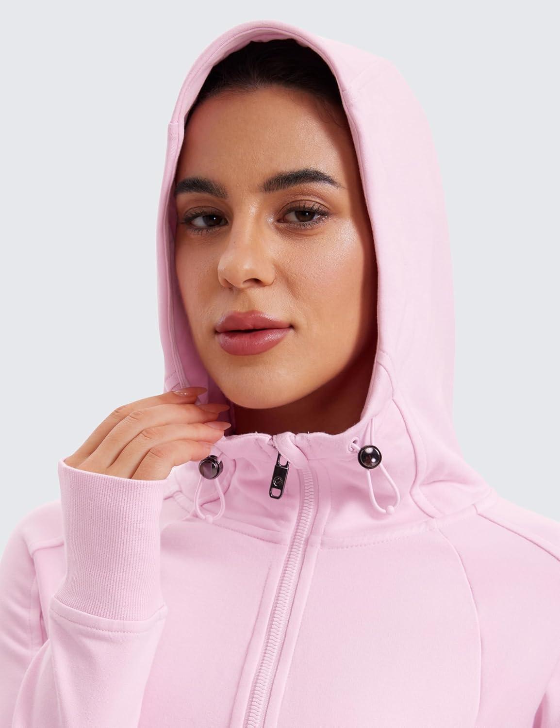 imageCRZ YOGA Womens Fleece Full Zip Hoodie Jackets Workout Hooded Zipper Basic Casual Sweatshirts with Thumb HolesPink Peony