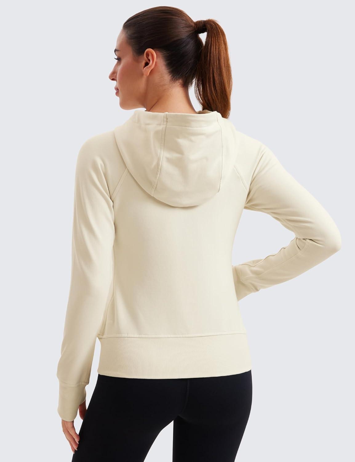 imageCRZ YOGA Womens Fleece Full Zip Hoodie Jackets Workout Hooded Zipper Basic Casual Sweatshirts with Thumb HolesWhite Apricot