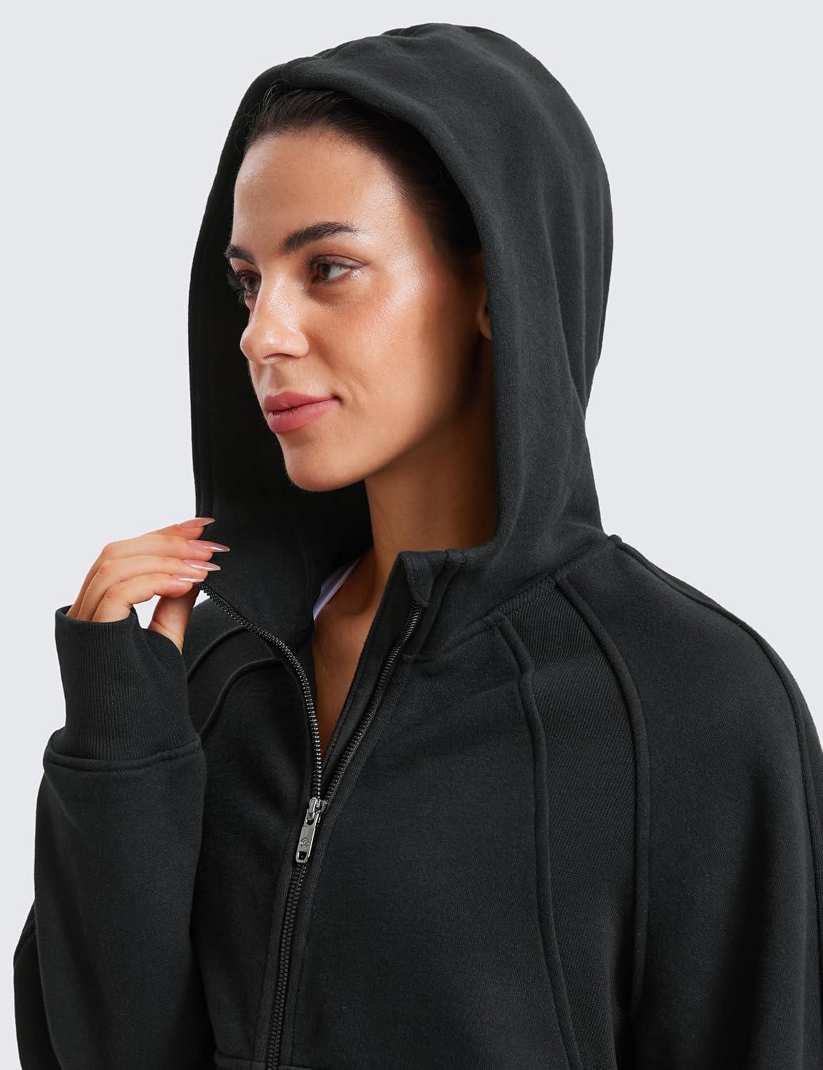 imageCRZ YOGA Womens Fleece Lined Full Zip Hoodies Oversized Long Sleeve Casual Workout Hooded Sweatshirt with Thumb HolesBlack