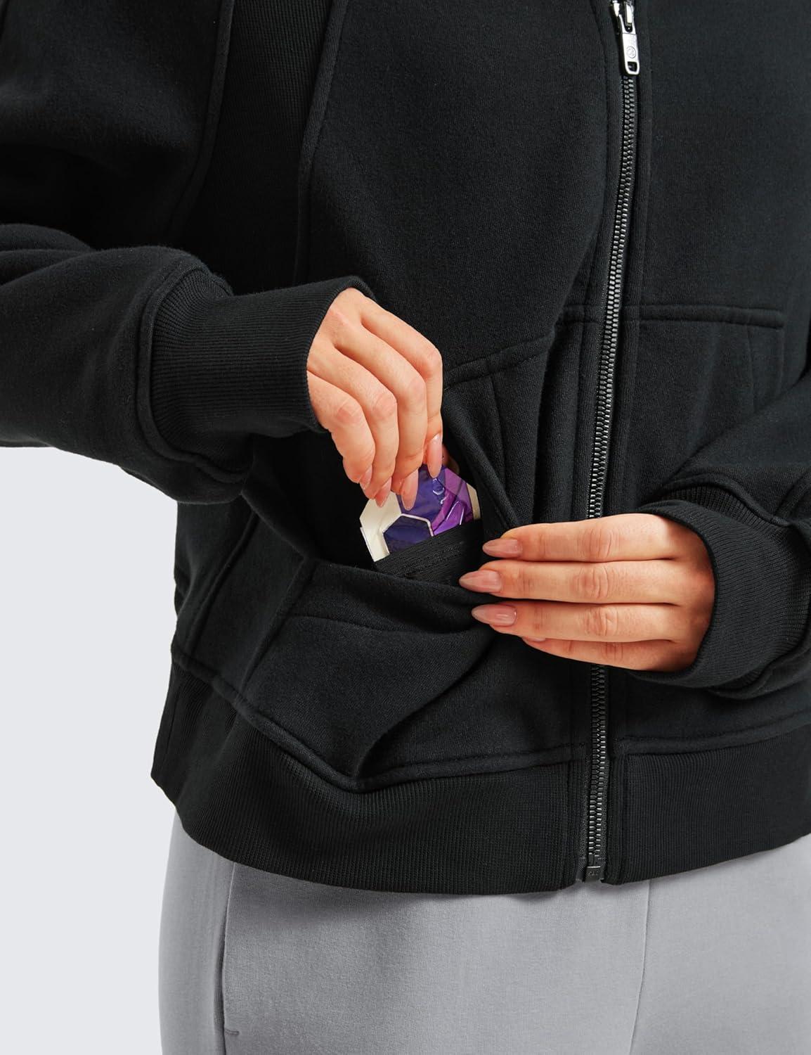 imageCRZ YOGA Womens Fleece Lined Full Zip Hoodies Oversized Long Sleeve Casual Workout Hooded Sweatshirt with Thumb HolesBlack