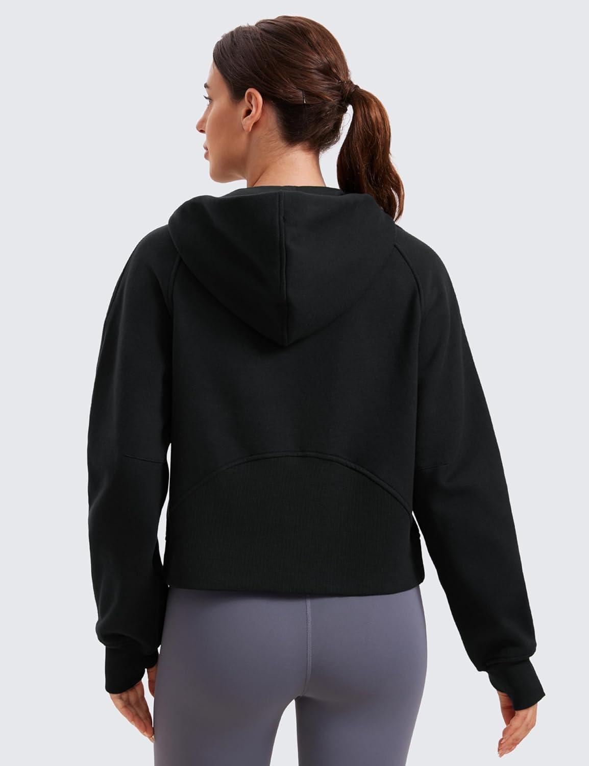 imageCRZ YOGA Womens Fleece Lined Full Zip Hoodies Oversized Long Sleeve Casual Workout Hooded Sweatshirt with Thumb HolesBlack