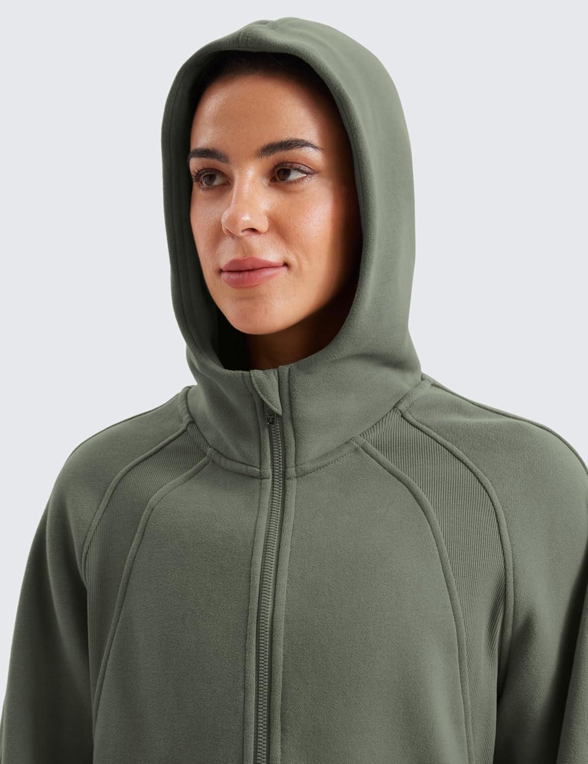 imageCRZ YOGA Womens Fleece Lined Full Zip Hoodies Oversized Long Sleeve Casual Workout Hooded Sweatshirt with Thumb HolesLight Army Green