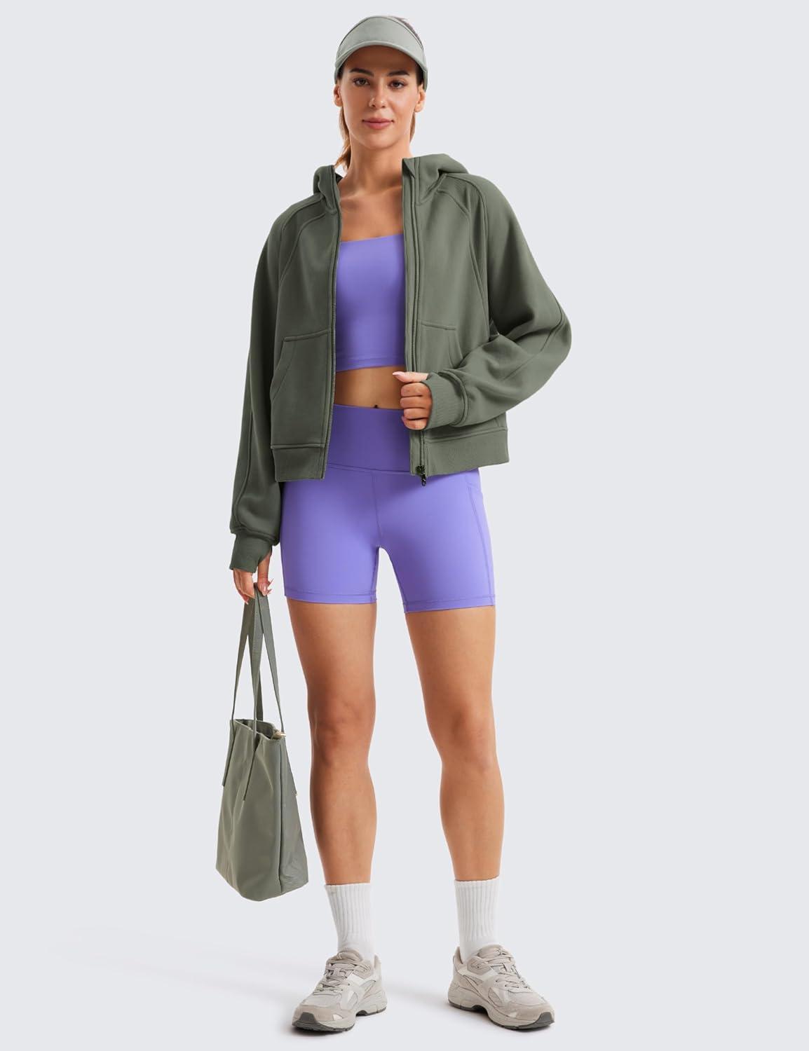 imageCRZ YOGA Womens Fleece Lined Full Zip Hoodies Oversized Long Sleeve Casual Workout Hooded Sweatshirt with Thumb HolesLight Army Green