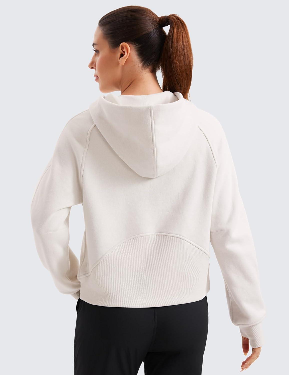 imageCRZ YOGA Womens Fleece Lined Full Zip Hoodies Oversized Long Sleeve Casual Workout Hooded Sweatshirt with Thumb HolesMilky White Bone