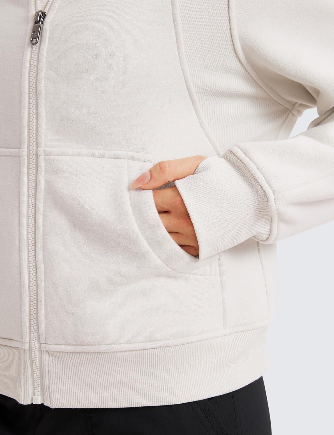 imageCRZ YOGA Womens Fleece Lined Full Zip Hoodies Oversized Long Sleeve Casual Workout Hooded Sweatshirt with Thumb HolesMilky White Bone