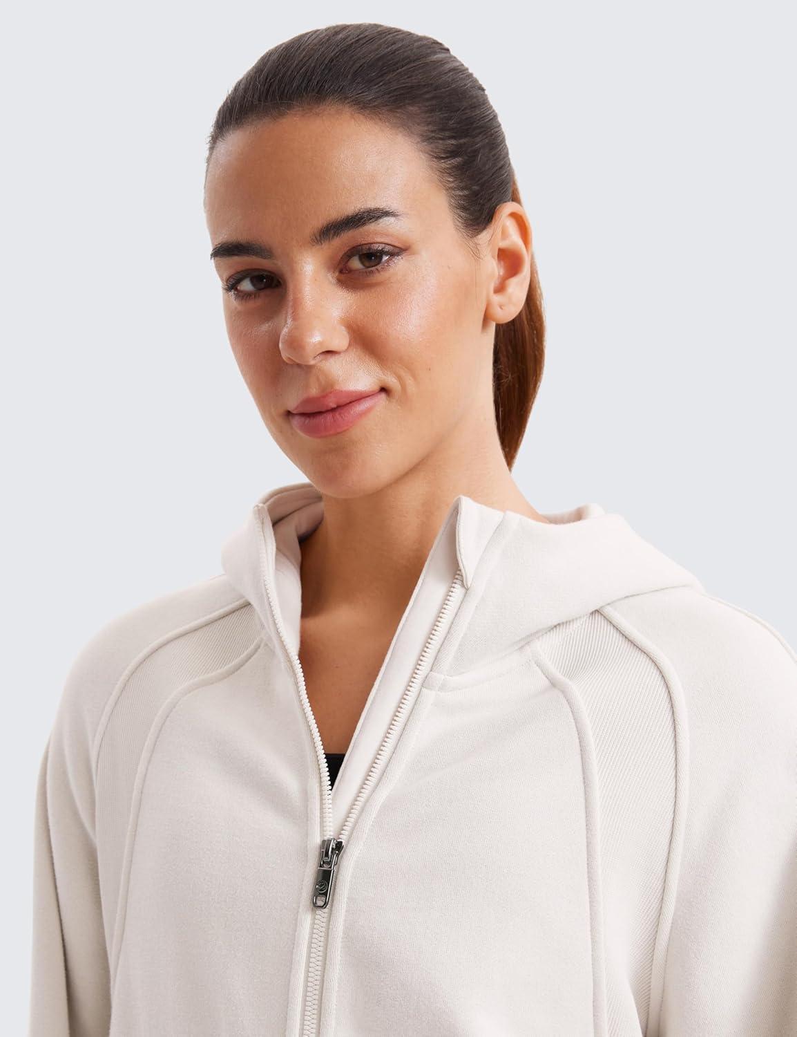 imageCRZ YOGA Womens Fleece Lined Full Zip Hoodies Oversized Long Sleeve Casual Workout Hooded Sweatshirt with Thumb HolesMilky White Bone