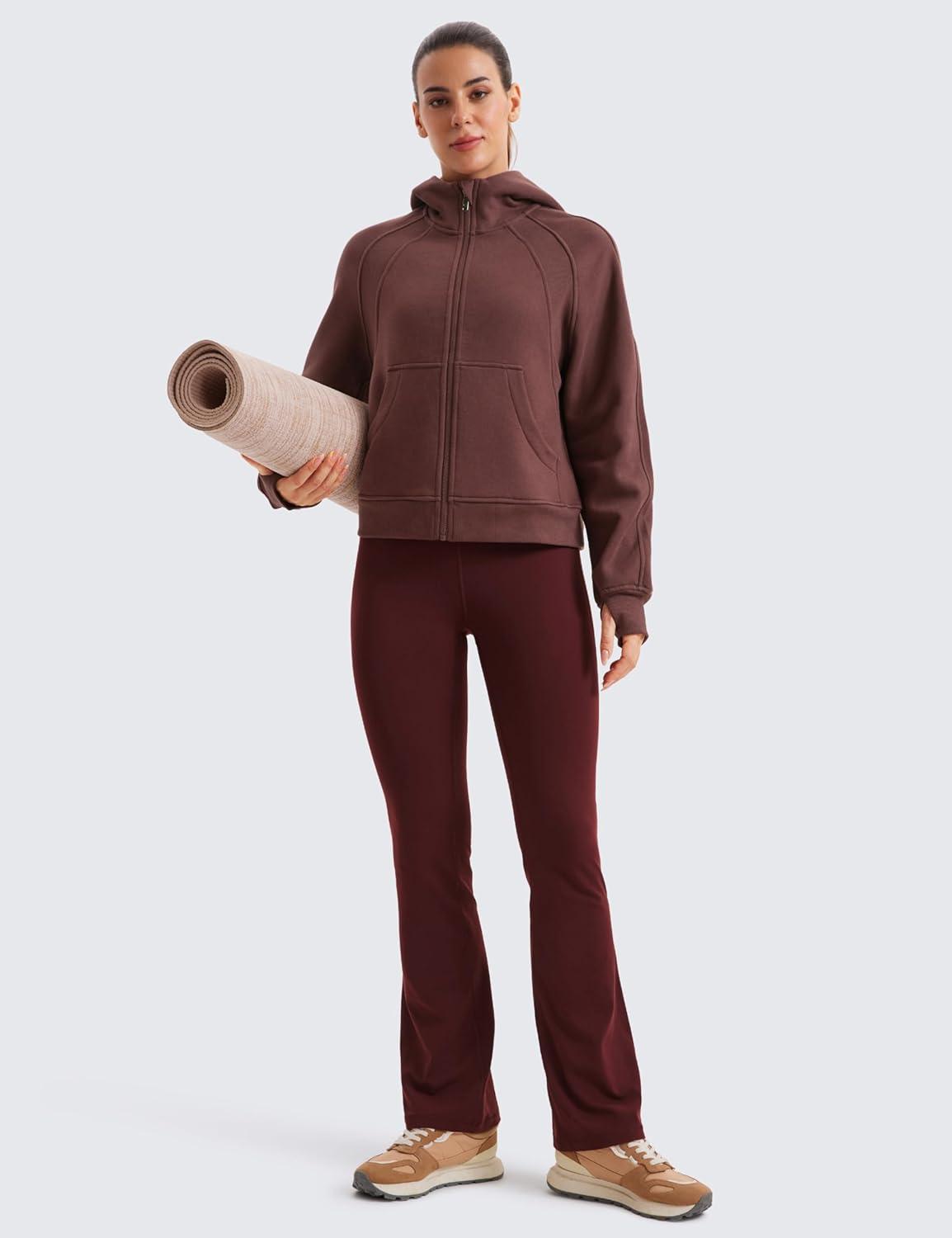 imageCRZ YOGA Womens Fleece Lined Full Zip Hoodies Oversized Long Sleeve Casual Workout Hooded Sweatshirt with Thumb HolesTaupe