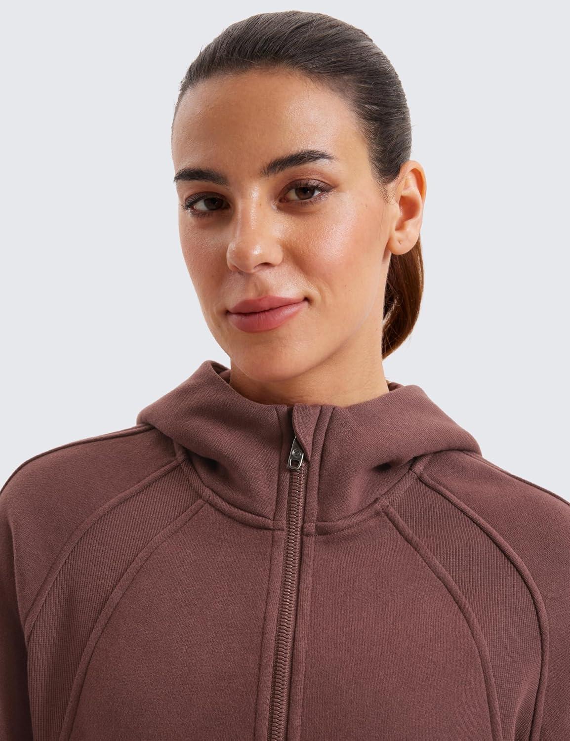imageCRZ YOGA Womens Fleece Lined Full Zip Hoodies Oversized Long Sleeve Casual Workout Hooded Sweatshirt with Thumb HolesTaupe