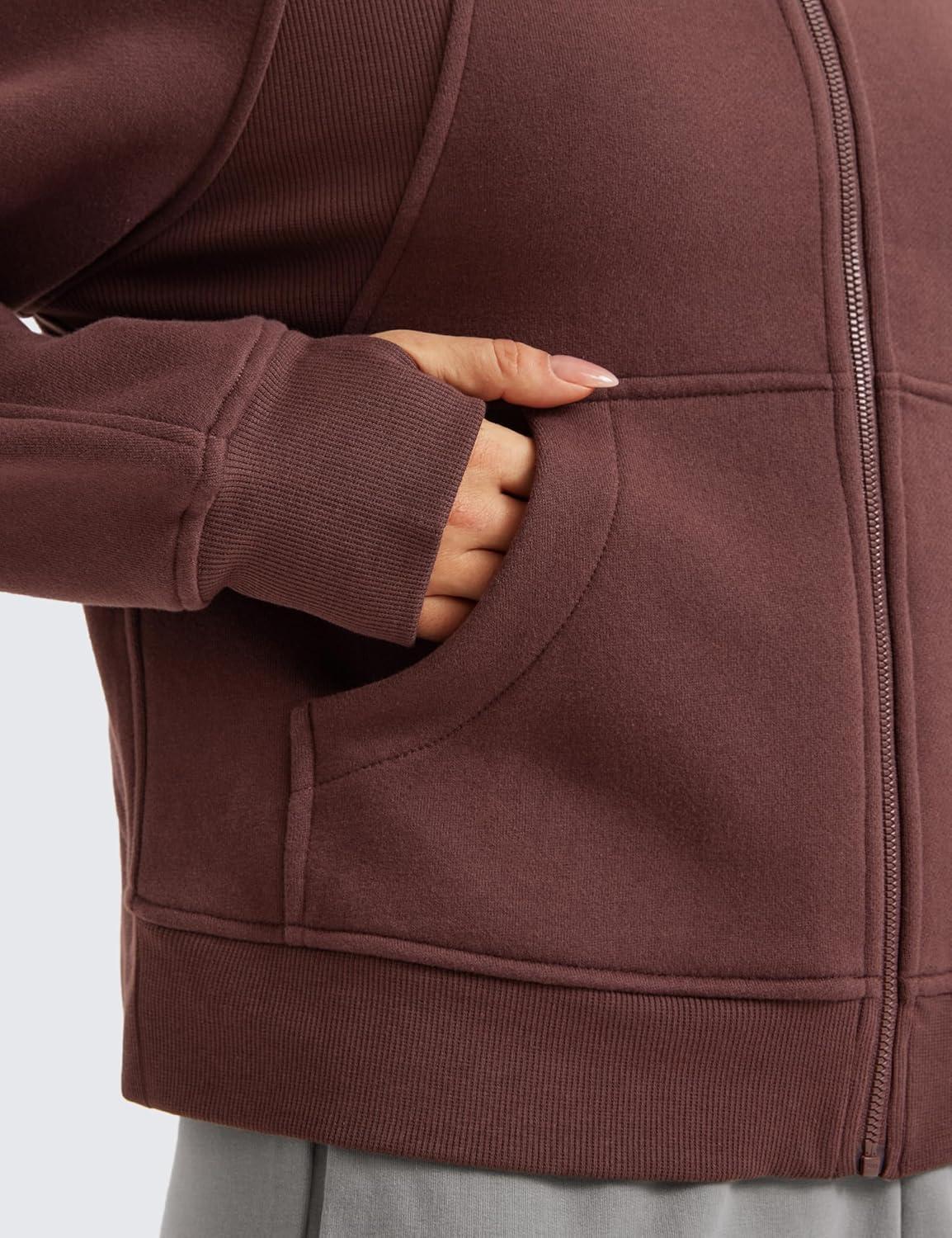 imageCRZ YOGA Womens Fleece Lined Full Zip Hoodies Oversized Long Sleeve Casual Workout Hooded Sweatshirt with Thumb HolesTaupe