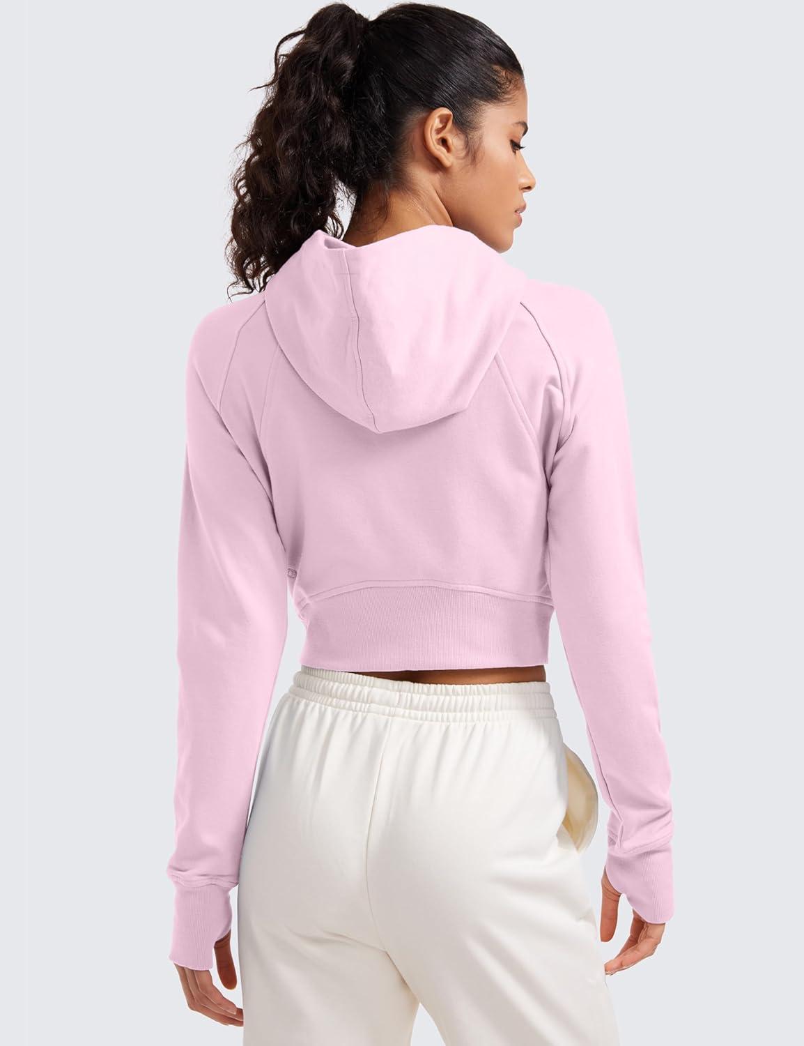 imageCRZ YOGA Womens Fleece Zip Up Cropped Hoodie Workout Jacket Athletic Casual Long Sleeve Sweatshirts with Thumb HolesPink Peony