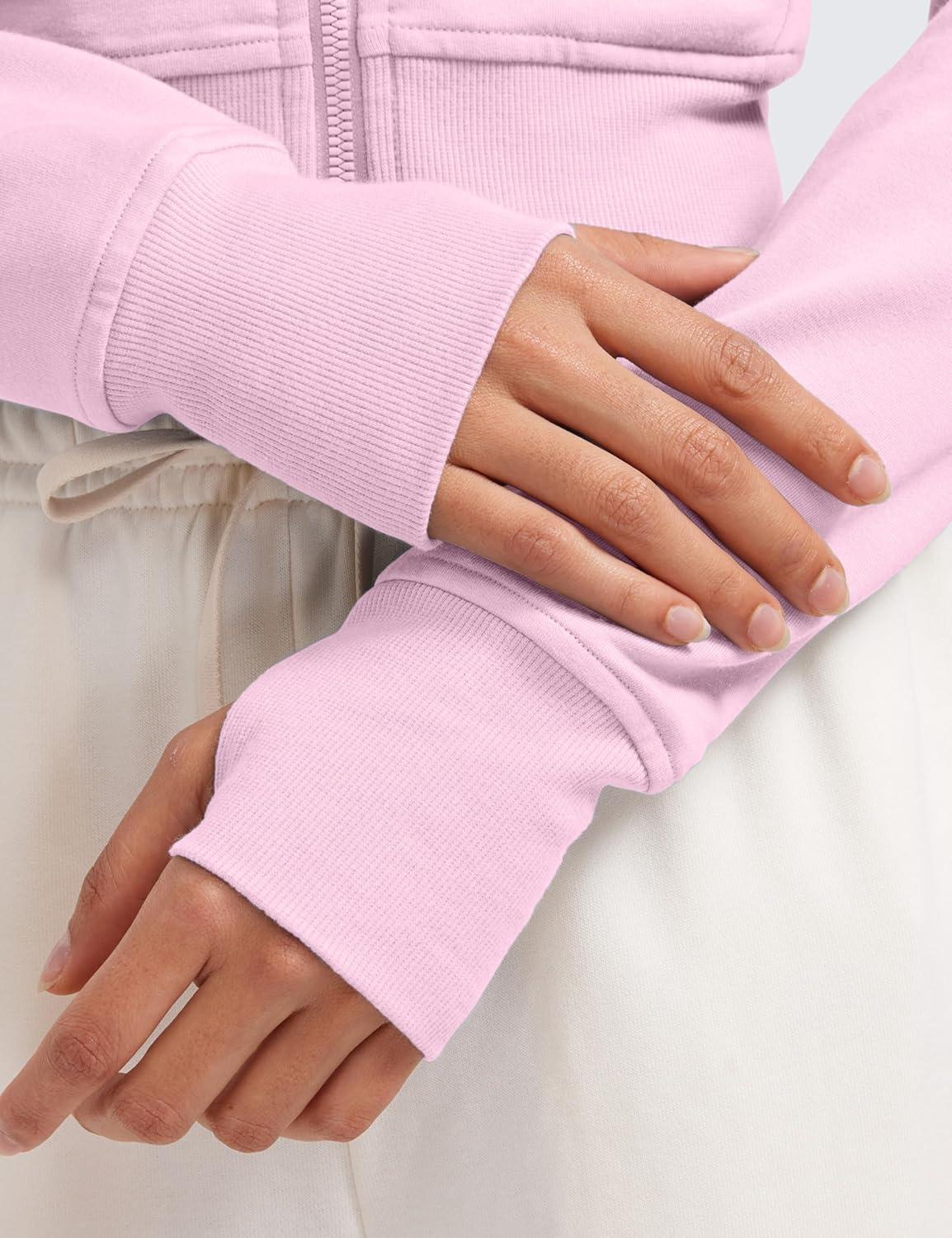imageCRZ YOGA Womens Fleece Zip Up Cropped Hoodie Workout Jacket Athletic Casual Long Sleeve Sweatshirts with Thumb HolesPink Peony