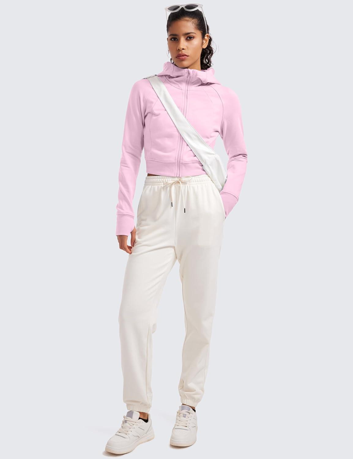 imageCRZ YOGA Womens Fleece Zip Up Cropped Hoodie Workout Jacket Athletic Casual Long Sleeve Sweatshirts with Thumb HolesPink Peony