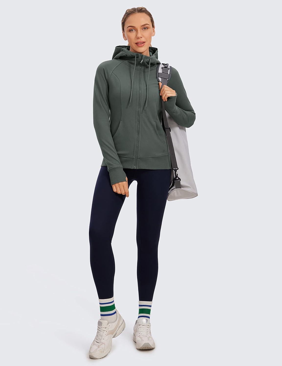 imageCRZ YOGA Womens Full Zip Hooded Sweatshirts Workout Sweat Jackets Slim Fit Running Track Hoodies with ThumbholesGrey Sage