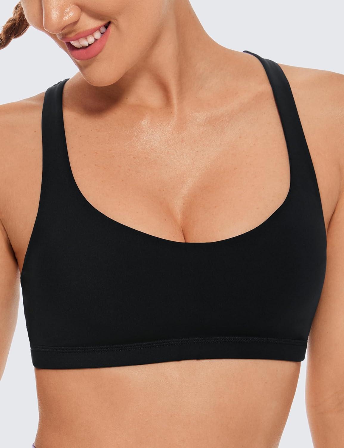 imageCRZ YOGA Womens Light Support Strappy Sports Bra Low Cut Wirefree Padded Yoga Cami Criss Cross BackBlack