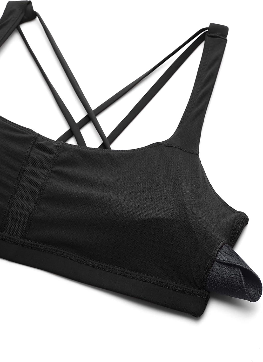 imageCRZ YOGA Womens Light Support Strappy Sports Bra Low Cut Wirefree Padded Yoga Cami Criss Cross BackBlack