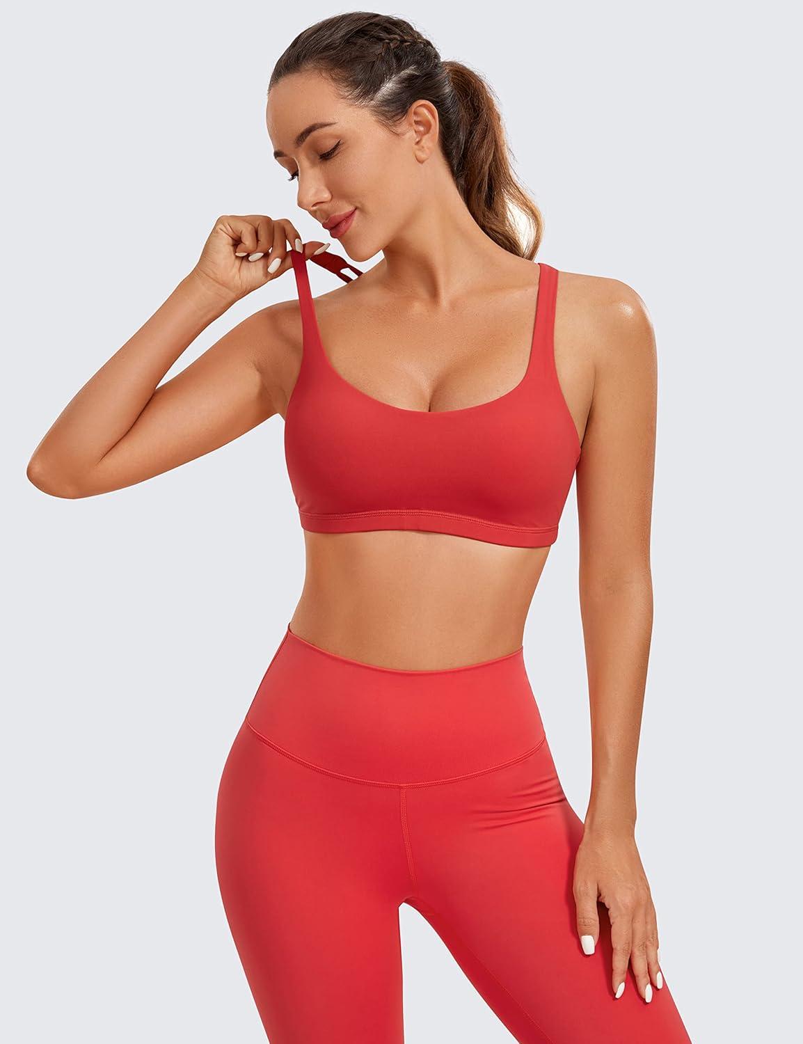 imageCRZ YOGA Womens Light Support Strappy Sports Bra Low Cut Wirefree Padded Yoga Cami Criss Cross BackCrimson