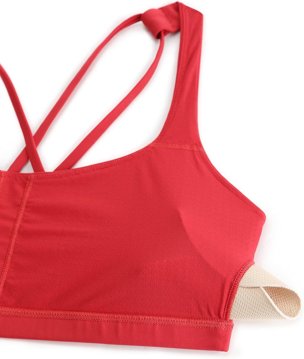 imageCRZ YOGA Womens Light Support Strappy Sports Bra Low Cut Wirefree Padded Yoga Cami Criss Cross BackCrimson