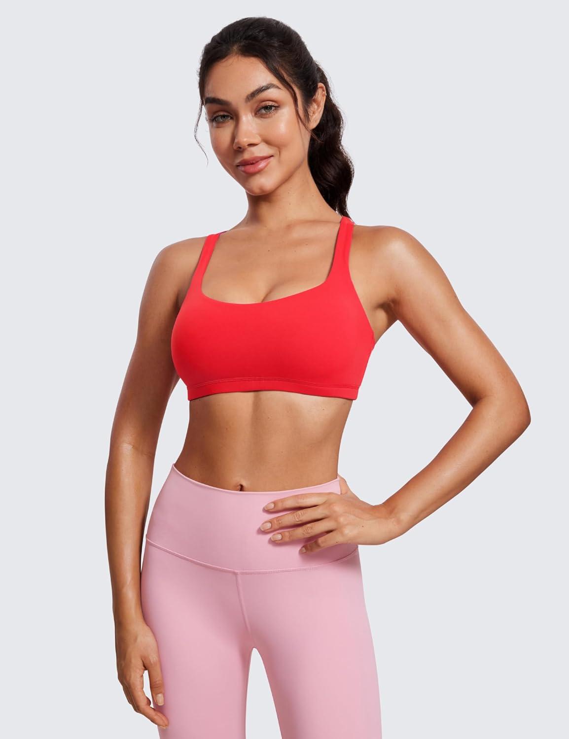 imageCRZ YOGA Womens Light Support Strappy Sports Bra Low Cut Wirefree Padded Yoga Cami Criss Cross BackDeep Red