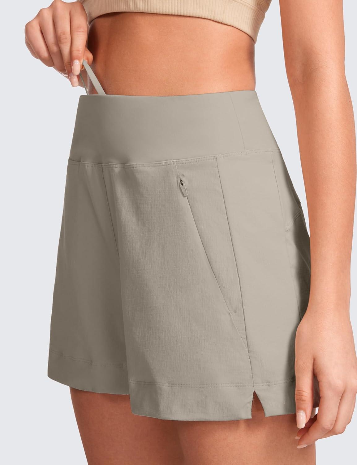 imageCRZ YOGA Womens Lightweight Mid Rise Hiking Shorts 4 Stretch for Athletic Summer Travel Outdoor Golf with Zip PocketsCliff Ash