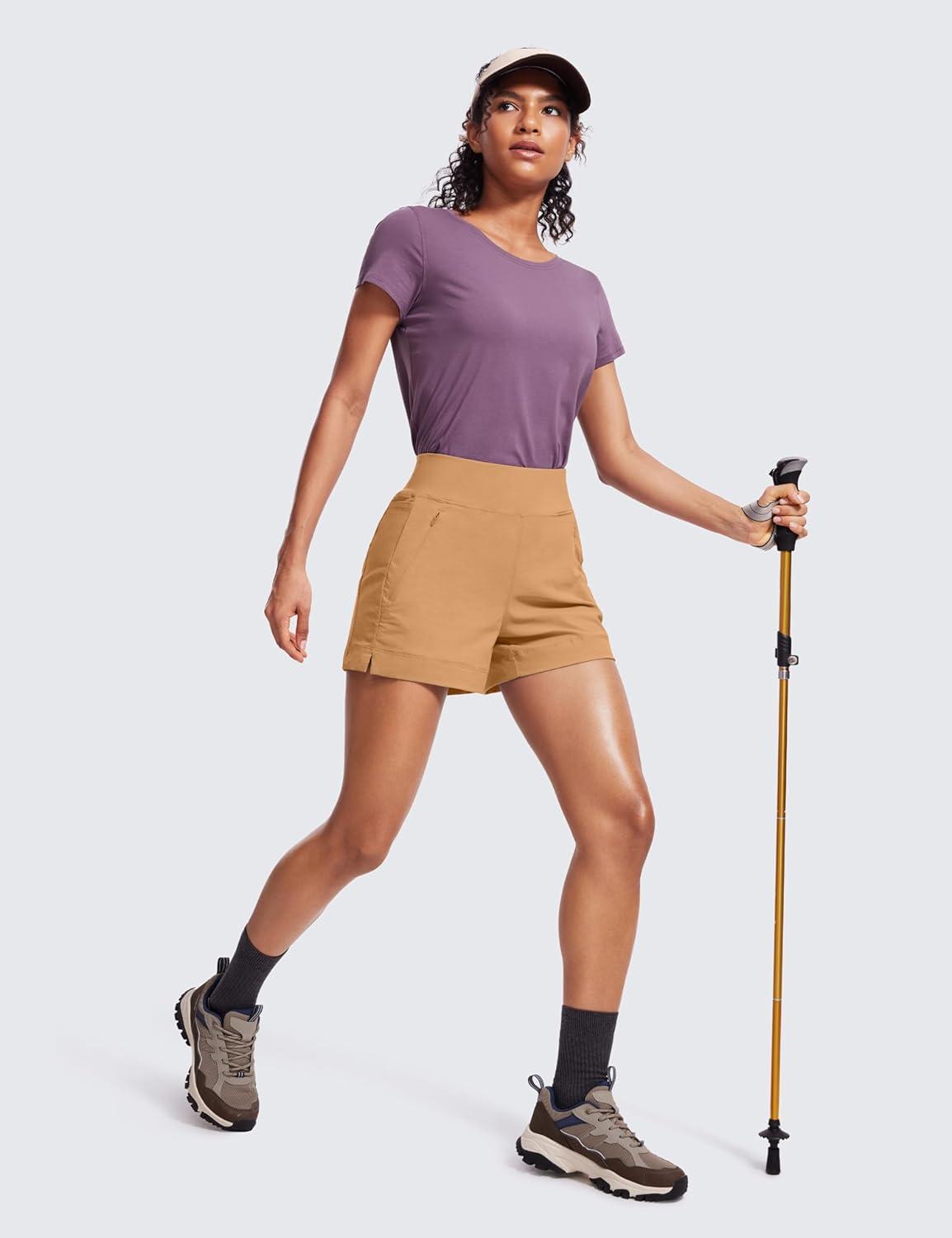 imageCRZ YOGA Womens Lightweight Mid Rise Hiking Shorts 4 Stretch for Athletic Summer Travel Outdoor Golf with Zip PocketsDoe Brown