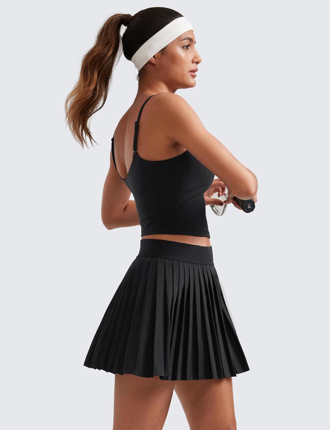 imageCRZ YOGA Womens Mini Pleated Athletic Tennis Skirts High Waisted A Line Golf Pickleball Casual Skort with Inner PocketsBlack