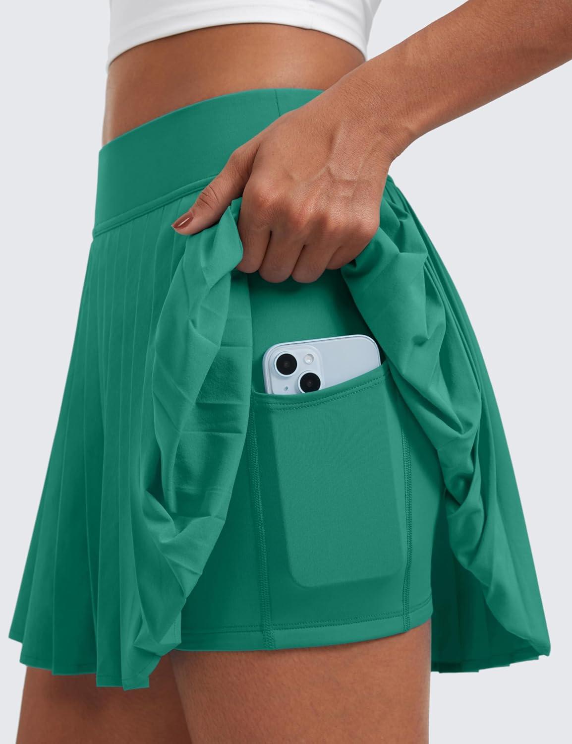 imageCRZ YOGA Womens Mini Pleated Athletic Tennis Skirts High Waisted A Line Golf Pickleball Casual Skort with Inner PocketsCascadia Green