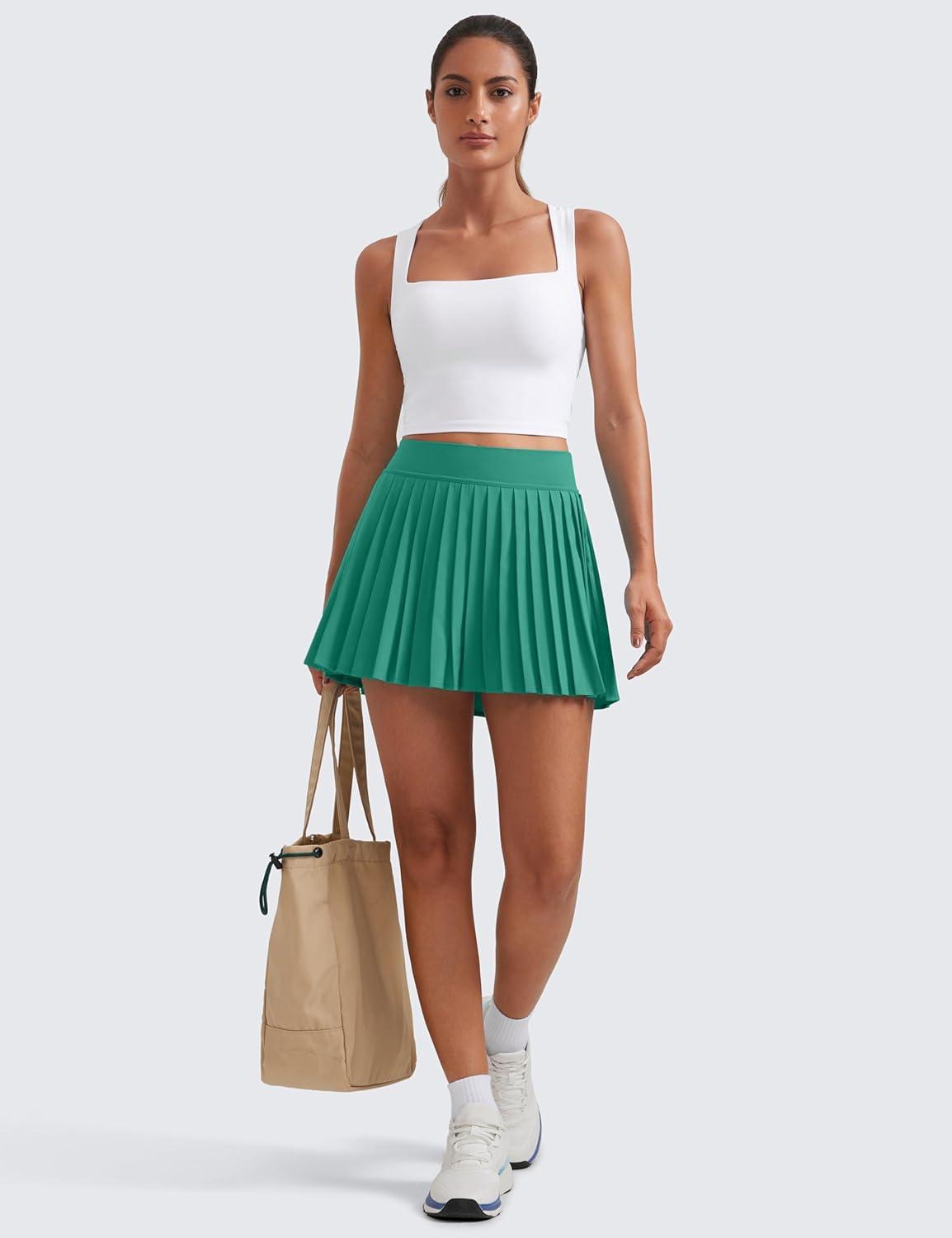 imageCRZ YOGA Womens Mini Pleated Athletic Tennis Skirts High Waisted A Line Golf Pickleball Casual Skort with Inner PocketsCascadia Green