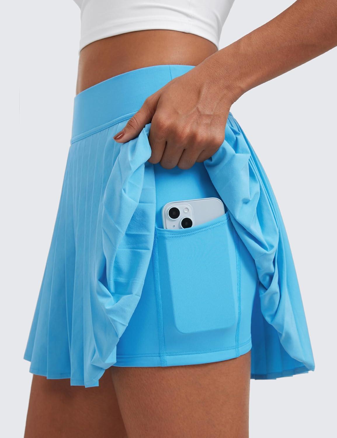 imageCRZ YOGA Womens Mini Pleated Athletic Tennis Skirts High Waisted A Line Golf Pickleball Casual Skort with Inner PocketsKayak Blue